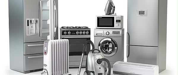 千庫網_家電。一套家用廚房工藝在白色背景下隔離。冰箱、煤氣灶、微波爐、洗衣機真空吸塵器空氣 conditioneer 和熨斗。3d 插圖_攝影圖編號20256112