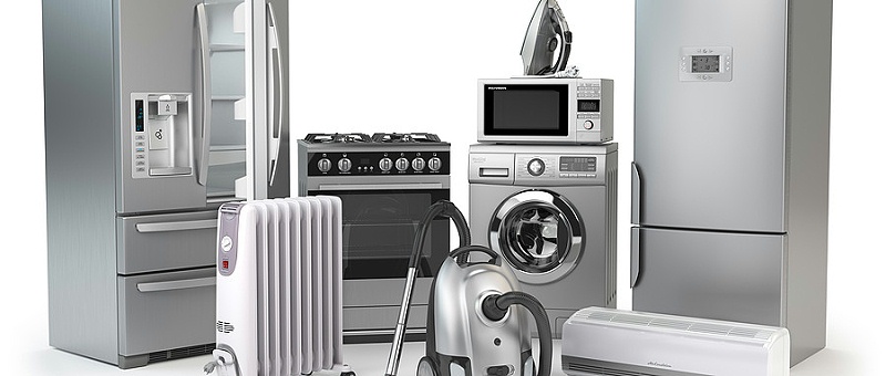 千庫網_家電。一套家用廚房工藝在白色背景下隔離。冰箱、煤氣灶、微波爐、洗衣機真空吸塵器空氣 conditioneer 和熨斗。3d 插圖_攝影圖編號20256112